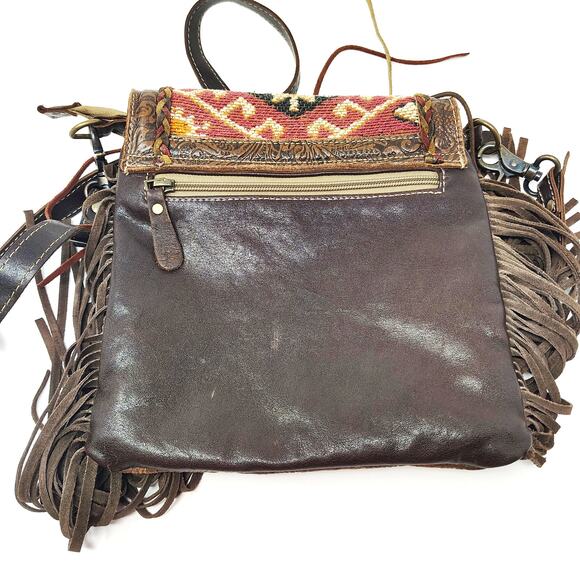 Myra Bag Aztec Motif Leather Fringe Purse Boho Western Brown Red Crossbody Bag - Picture 2 of 9